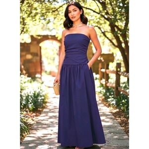 100% Cotton Strapless Maxi Prom Party Dress Womens Large Blue NEW Ruched Pocket